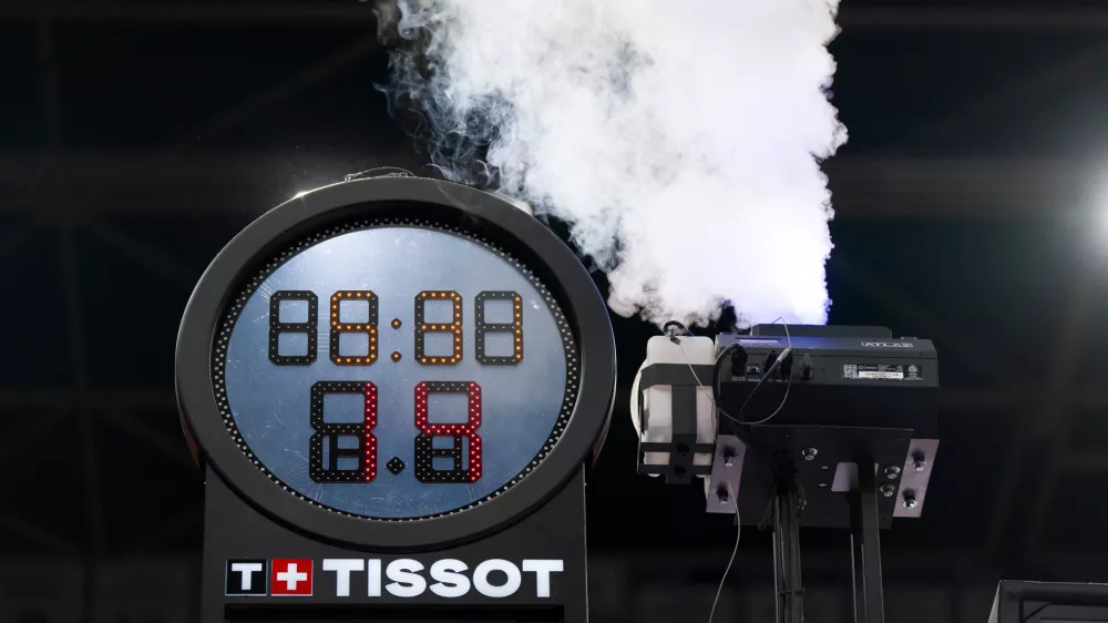 A smoke machine malfunctions during the first half of an NBA basketball game Between the Oklahoma Thunder and the Utah Jazz, Sunday, Dec. 7, 2025, in Salt Lake City. (AP Photo/Bethany Baker)