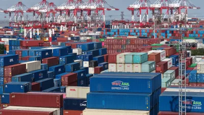 An aerial view of a container terminal in Shanghai, China, Monday, Dec. 8, 2025. (Chinatopix Via AP)