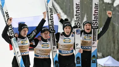 06 March 2025, Norway, Trondheim: (L-R) Slovenia jumpers Lovro Kos, Domen Prevc, Timi Zajc and Anze Lanisek celebrate their first place after the men's team jumping 2nd round event at the FIS Ski Jumping World Championship in Trondheim. Photo: Hendrik Schmidt/dpa