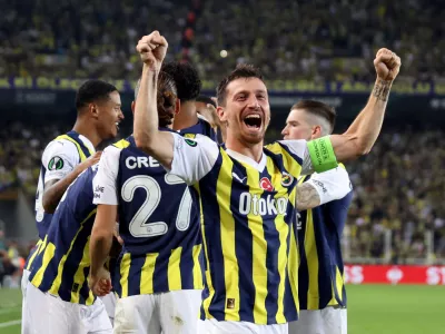 FILE PHOTO: Soccer Football - Europa Conference League - Group H - Fenerbahce v FC Nordsjaelland - Sukru Saracoglu Stadium, Istanbul, Turkey - September 21, 2023 Fenerbahce's Mert Hakan Yandas celebrates their third goal, scored by Serdar Aziz REUTERS/Umit Bektas/File Photo