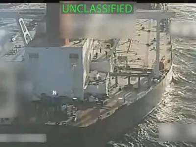 This image from video posted on Attorney General Pam Bondi's X account, and partially redacted by the source, shows an oil tanker being seized by U.S. forces off the coast of Venezuela, Wednesday, Dec. 10, 2025. (U.S. Attorney General's Office/X via AP)