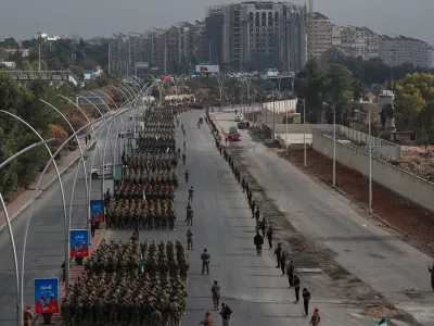 Members of the new Syrian army line up in formation during a parade marking the first anniversary of the ousting of former President Bashar Assad, in Damascus, Syria, Monday, Dec. 8, 2025. (AP Photo/Omar Sanadiki)