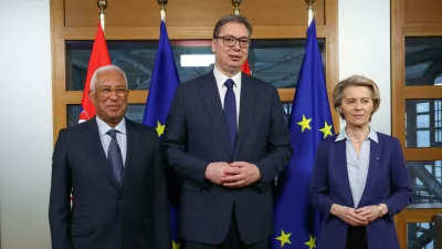 FILED - 25 March 2025, Belgium, Brussels: Serbian President Aleksandar Vucic (C) meets with European Commission President Ursula von der Leyen (R) and European Council President Antonio Costa in Brussels. EU Enlargement Commissioner Marta Kos has backed calls by protesters in Serbia to tackle corruption and boost the rule of law, as she calls on the country to get its EU membership bid back on track. Photo: Alexandros Michailidis/EU Council/dpa - ATTENTION: editorial use only and only if the credit mentioned above is referenced in full