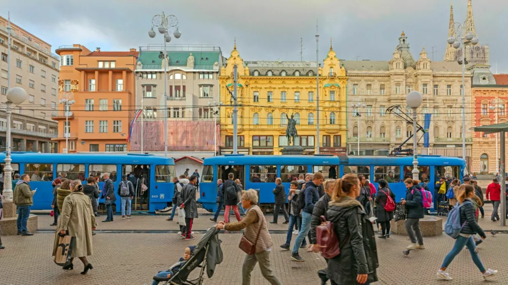 Zagreb, Croatia - November 4, 2019: Crowd of People Commuters at Tram Station Ban Josip Jelacic Square Capital City Public Transport.