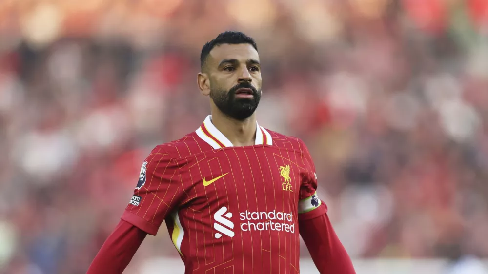 FILE - Liverpool's Mohamed Salah during the English Premier League soccer match between Brighton and Liverpool at American Express Stadium in Brighton, England, Monday, May 19, 2025. (AP Photo/Ian Walton, File)
