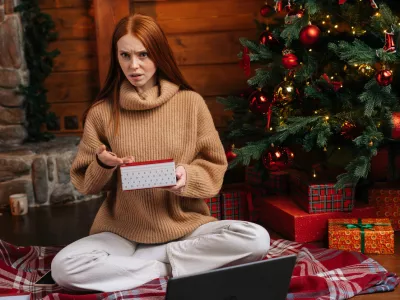 Dissatisfied young woman waiting for good Christmas present, lady with disappointment opening box with surprise on background of xmas tree at living room. Female looking at camera incomprehensibly.