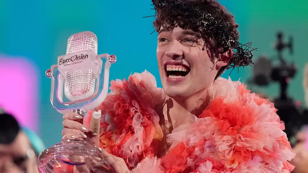 FILE - Nemo of Switzerland, celebrates after winning the Grand Final of the Eurovision Song Contest in Malmo, Sweden, on May 12, 2024. (AP Photo/Martin Meissner, File)