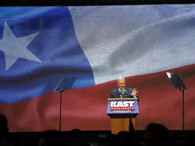 Presidential candidate Jose Antonio Kast, of the opposition Republican Party, celebrates winning the presidential runoff election in Santiago, Chile, Sunday, Dec. 14, 2025. (AP Photo/Esteban Felix)