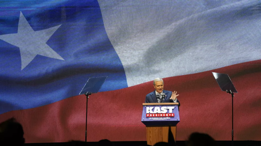 Presidential candidate Jose Antonio Kast, of the opposition Republican Party, celebrates winning the presidential runoff election in Santiago, Chile, Sunday, Dec. 14, 2025. (AP Photo/Esteban Felix)