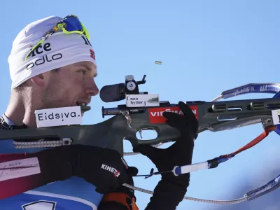 Vetle Sjaastad Christiansen of Norway competes during the men's 4 x 7.5km relay race at the biathlon World Cup in Anterselva, Italy, Sunday, Jan. 23, 2022. (AP Photo/Matthias Schrader)