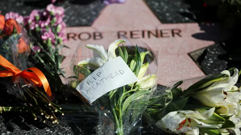 Flowers and a note reading 'rip meathead' are placed at Rob Reiner's star on the Hollywood Walk of Fame after the actor-director and political activist and his wife were found dead, in Los Angeles, California, U.S., December 15, 2025. REUTERS/Daniel Cole