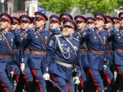 Russian Don Cossack soldiers march past the review stand during the annual Victory Day military parade through Red Square, May 9, 2025, in Moscow, Russia.Russia Celebrates 80th Anniversary Of Victory Over Nazi Germany In World War II, Moscow, Moscow Oblast - 09 May 2025,Image: 998679553, License: Rights-managed, Restrictions: ***HANDOUT image or SOCIAL MEDIA IMAGE or FILMSTILL for EDITORIAL USE ONLY! * Please note: Fees charged by Profimedia are for the Profimedia's services only, and do not, nor are they intended to, convey to the user any ownership of Copyright or License in the material. Profimedia does not claim any ownership including but not limited to Copyright or License in the attached material. By publishing this material you (the user) expressly agree to indemnify and to hold Profimedia and its directors, shareholders and employees harmless from any loss, claims, damages, demands, expenses (including legal fees), or any causes of action or allegation against Profimedia arising out of or connected in any way with publication of the material. Profimedia does not claim any copyright or license in the attached materials. Any downloading fees charged by Profimedia are for Profimedia's services only. * Handling Fee Only ***, Model Release: no