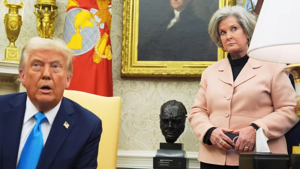 FILE - White House chief of staff Susie Wiles listens as President Donald Trump meets with Israel's Prime Minister Benjamin Netanyahu in the Oval Office of the White House, Feb. 4, 2025, in Washington. (AP Photo/Evan Vucci, File)
