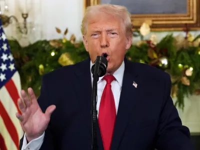 President Donald Trump speaks during an address to the nation from the Diplomatic Reception Room at the White House, Wednesday, Dec. 17, 2025, in Washington. (Doug Mills/The New York Times via AP, Pool)