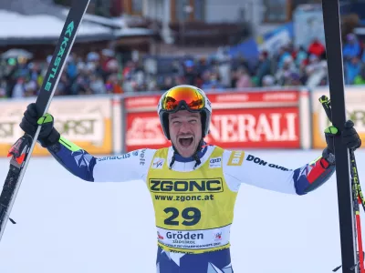 Czech Republic's Jan Zabystran reacts after completing an alpine ski, men's World Cup super-G, in Val Gardena, France, Friday, Dec.19, 2025 (AP Photo/Alessandro Trovati)