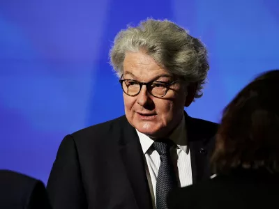 FILE PHOTO: European Commissioner for Internal Market Thierry Breton looks on before French President Emmanuel Macron's speech on Europe in the amphitheatre of the Sorbonne University in Paris, France, 25 April 2024. Christophe Petit Tesson/Pool via REUTERS/File Photo