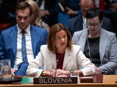 Slovenia Deputy Prime Minister and Foreign Minister Tanja Fajon, addresses the High-Level Security Council on Palestinians and Israel during the 80th session of the United Nations General Assembly, Tuesday, Sept. 23, 2025. (AP Photo/Angelina Katsanis)