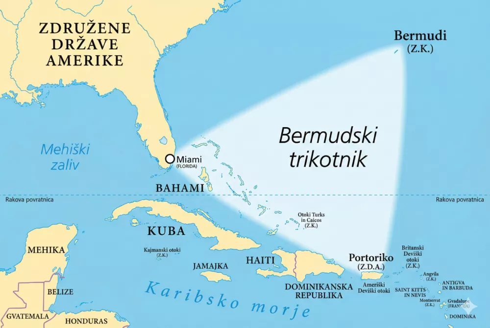 Zemljevid, ki prikazuje območje Bermudskega trikotnika. / Foto: Istock/google Gemini
