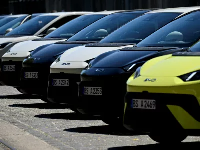 FILE PHOTO: BYD Dolphin Surf electric cars are parked infront of the venue where BYD carmaker holds a vehicle presentation event in Berlin, Germany May 21, 2025. REUTERS/Annegret Hilse/File Photo