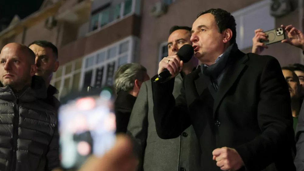 Kosovo's Prime Minister and Levizja Vetevendosje (Movement for Self-Determination) party leader Albin Kurti greets speaks to supporters, as his party won more than half of the votes in a snap parliamentary election, nearly a year after a political deadlock that prevented the formation of a new government, in Pristina, Kosovo, December 28, 2025. REUTERS/Valdrin Xhemaj