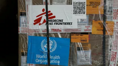 FILE PHOTO: View of humanitarian supplies for Gaza, with the logos of Medecins Sans Frontieres (Doctors Without Borders) and World Health Organization, stored at the Egyptian Red Crescent warehouses storing aid, in the Egyptian border town of El-Arish, Egypt, April 8, 2025. REUTERS/Benoit Tessier/Pool/File Photo