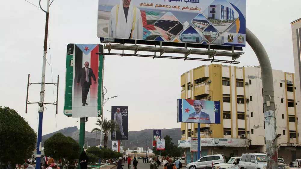 Billboards with images of Sheikh Mohamed bin Zayed Al Nahyan, President of the United Arab Emirates and Aidarous al-Zubaidi, the head of the UAE-backed separatist Southern Transitional Council (STC), in Aden, Yemen, December 30, 2025. REUTERS/Fawaz Salman