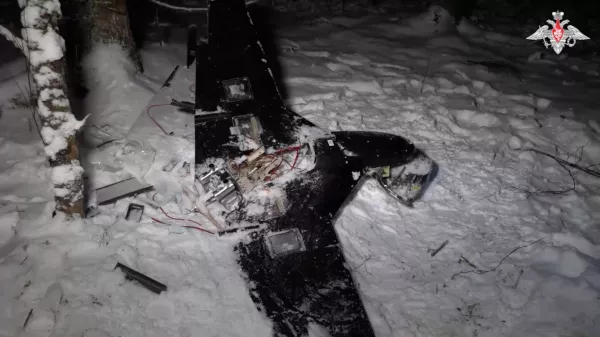 The remains of a drone, which, according to the Russian Defence Ministry, was downed during the repelling of an alleged Ukrainian attack on the Russian presidential residence in the Novgorod Region, in an unknown location in Russia, in this still image from a video released December 31, 2025. Russian Defence Ministry/Handout via REUTERS ATTENTION EDITORS - THIS IMAGE WAS PROVIDED BY A THIRD PARTY. NO RESALES. NO ARCHIVES. MANDATORY CREDIT. WATERMARK FROM SOURCE.