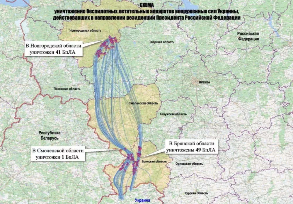 Zemljevid domnevnega napada ukrajinskih dronov na Putinovo rezidenco