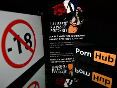 This illustration photo taken on June 4, 2025, in Toulouse, southern France, shows a banned to under 18 symbol, a Pornhub logo, and a display upon connection to the Pronhub pornographic website, with the image of the allegorical figure of Liberty "Marianne" from Eugene Delacroix's 1830 painting "Liberty Leading the People" along with an explanatory text, as the operator blocked the site's access in protest over requirements to check the age of users. French visitors to major adult websites Pornhub, YouPorn and RedTube were met on June 4 with a message denouncing privacy risks from government demands that they verify users' ages. France has this year gradually introduced requirements for all adult websites to have users confirm their age with details like a credit card or ID document, aiming to prevent minors from accessing pornography.,Image: 1007212812, License: Rights-managed, Restrictions:, Model Release: no