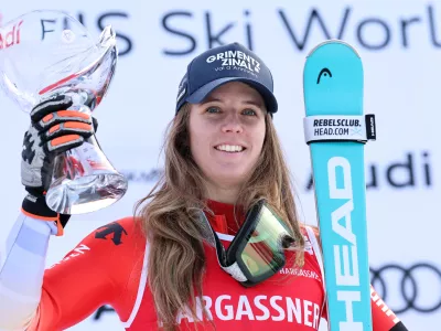 Switzerland's Camille Rast poses after winning an alpine ski, women's World Cup slalom, in Kranjska Gora, Slovenia, Sunday, Jan. 4, 2026. (AP Photo/Marco Trovati)