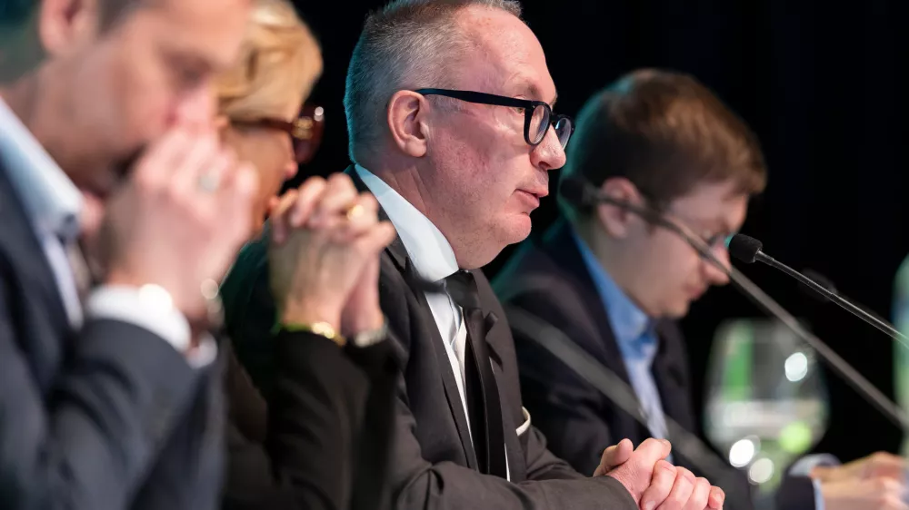 From left, Fran&ccedil;ois Berclaz, Municipal Councillor of Crans-Montana, Nicole Bonvin Clivaz, Vice Mayor of Crans-Montana, Nicolas Feraud, Mayor of Crans-Montana, Patrick Clivaz, Municipal Councillor of Crans-Montana, take part in a press conference of the Crans-Montana Municipal Council following the fire that broke out at a New Year's party, in Crans-Montana, Switzerland, Tuesday, Jan. 6, 2026. (Cyril Zingaro/Keystone via AP)