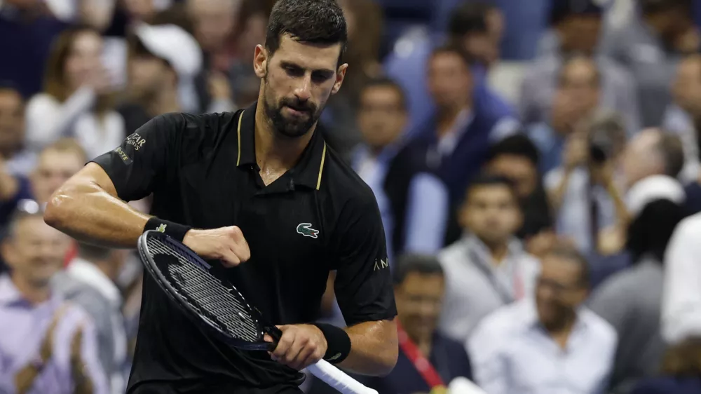Sep 2, 2025; Flushing, NY, USA; Novak Djokovic (SRB) celebrates after his match against Taylor Fritz (USA) (not pictured) on day ten of the 2025 US Open tennis championships at Billie Jean King National Tennis Center. Mandatory Credit: Geoff Burke-Imagn Images