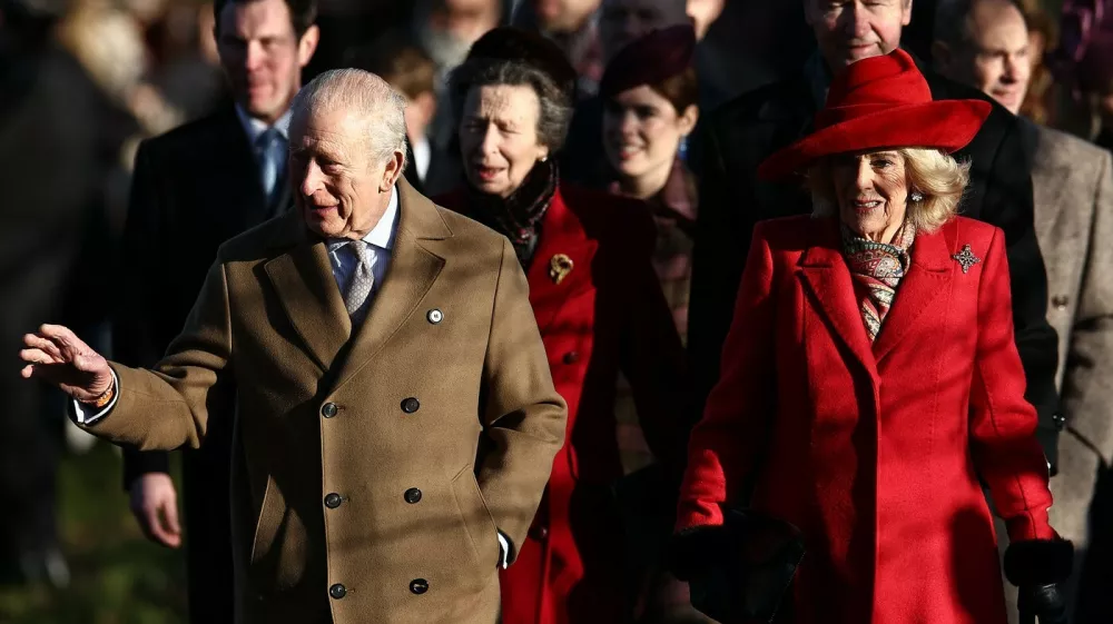 Britain's King Charles III and Britain's Queen Camilla (2R) lead Jack Brooksbank (L), Britain's Princess Anne, Princess Royal, Britain's Princess Eugenie of York, Vice Admiral Timothy Laurence and Britain's Prince Edward, Duke of Edinburgh and others as they arrive for the Royal Family's traditional Christmas Day service at St Mary Magdalene Church on the Sandringham Estate in eastern England, on December 25, 2025.,Image: 1061559698, License: Rights-managed, Restrictions:, Model Release: no