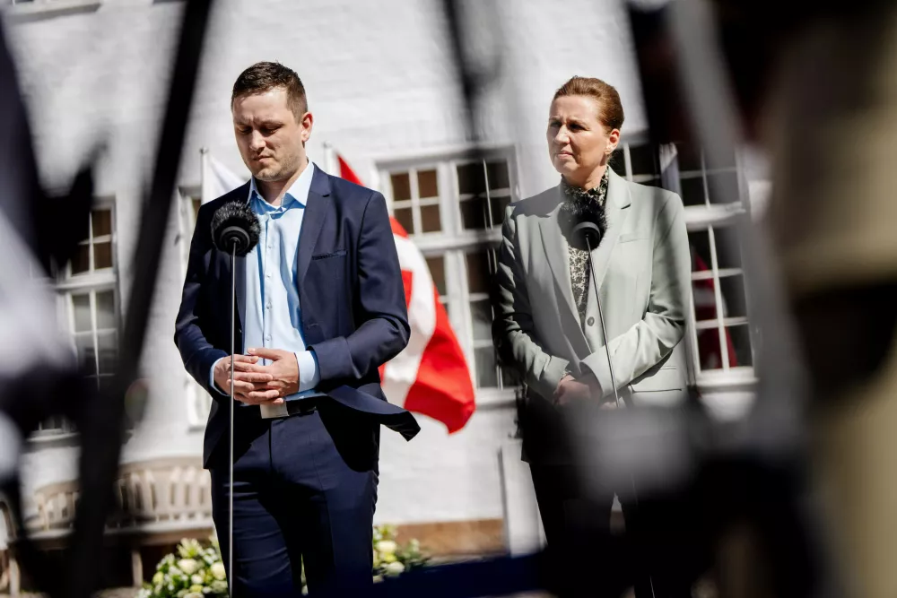 CORRECT THE ORDER OF SPEAKERS, FILE - Denmark's Prime Minister Mette Frederiksen, right, and Greenland's Prime Minister Jens-Frederik Nielsen, left, speak on April 27, 2025, in Marienborg, Denmark. (Mads Claus Rasmussen/Ritzau Scanpix via AP, File)