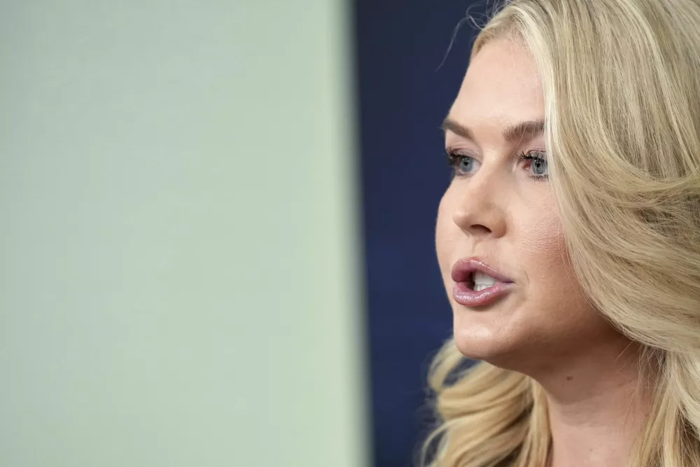 White House press secretary Karoline Leavitt speaks with reporters in the James Brady Press Briefing Room at the White House, Thursday, Aug. 28, 2025, in Washington. (AP Photo/Jacquelyn Martin)