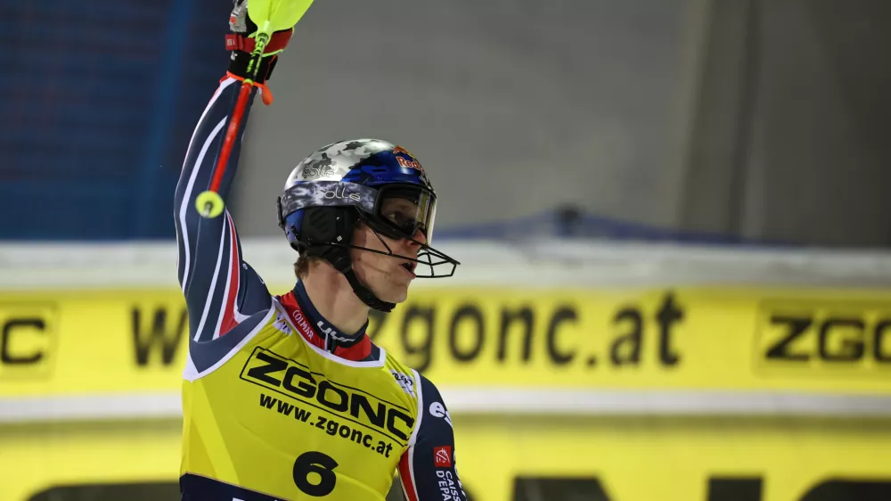 France's Clement Noel reacts at the finish line during an alpine ski, men's World Cup slalom, in Madonna di Campiglio, Italy, Wednesday, Jan. 7, 2026.(AP Photo/Marco Trovati)