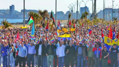 Havana, Cuba ? The photos show a demonstration in Havana on January 3, 2025, condemning US intervention in Venezuela. The rally took place near the US Embassy and was organized by the government, with the participation of state institutions and pro-government organizations. President Miguel D?az-Canel publicly expressed Cuba's rejection of the US action, considering it a violation of sovereignty and international law.