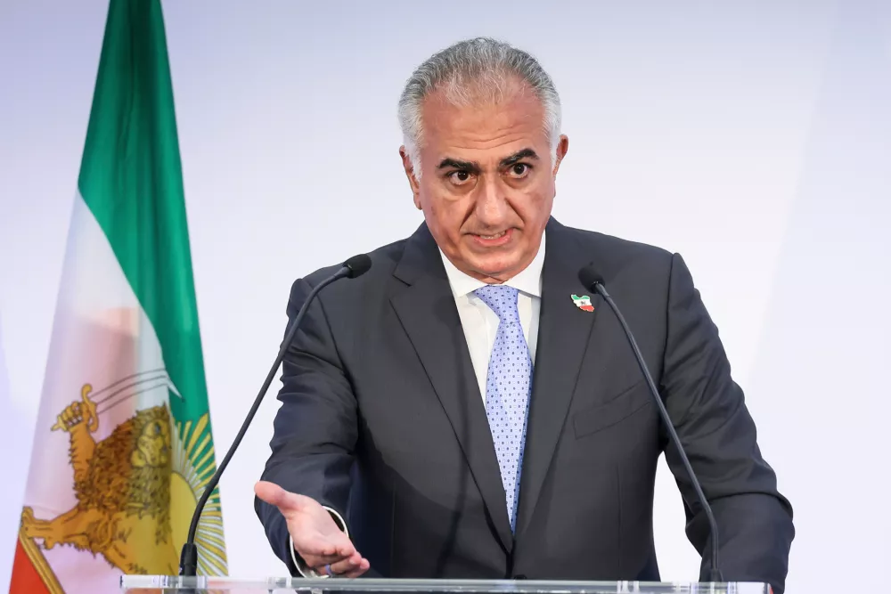 FILE - Reza Pahlavi, the son of Iran's toppled Shah Mohammad Reza Pahlavi, speaks during a news conference, June 23, 2025 in Paris. (AP Photo/Thomas Padilla, File)