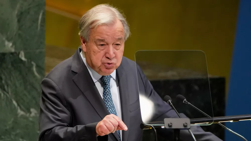 Secretary General Antonio Guterres addresses the 80th session of the United Nations General Assembly, Tuesday, Sept. 23, 2025, at UN headquarters. (AP Photo/Angelina Katsanis)