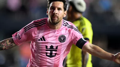 Inter Miami forward Lionel Messi celebrates after scoring during the first half of Game 3 in the first round of MLS soccer's Western Conference playoffs against Nashville SC in Fort Lauderdale, Fla., Nov. 8, 2025. (AP Photo/Michael Laughlin)