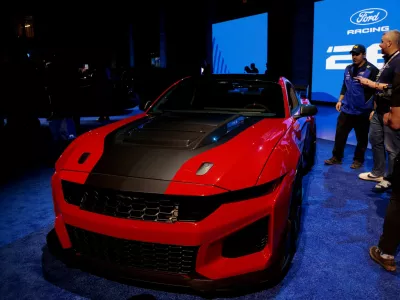 Ford Motor Co. reveals the 2026 Mustang Dark Horse SC during the Ford Racing Season Launch at Michigan Central in Detroit, Michigan, U.S., January 15, 2026. REUTERS/Rebecca Cook