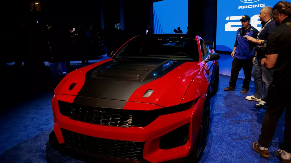 Ford Motor Co. reveals the 2026 Mustang Dark Horse SC during the Ford Racing Season Launch at Michigan Central in Detroit, Michigan, U.S., January 15, 2026. REUTERS/Rebecca Cook