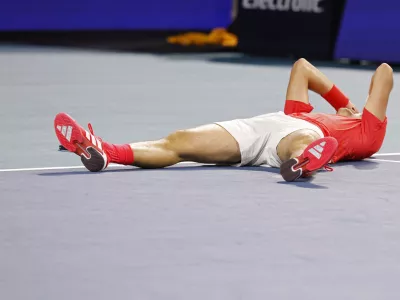 Mar 30, 2025; Miami, FL, USA; Jakub Mensik (CZE) celebrates after match point against Novak Djokovic (SRB)(not pictured) in the men's singles championship of the Miami Open at Hard Rock Stadium. Mandatory Credit: Geoff Burke-Imagn Images