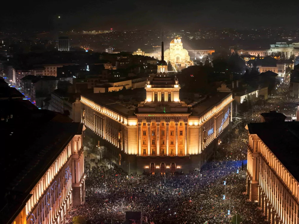 FILE PHOTO: A drone view shows protesters demonstrating outside the parliament during an anti-government rally, in Sofia, Bulgaria, December 10, 2025. REUTERS/Spasiyana Sergieva/File Photo