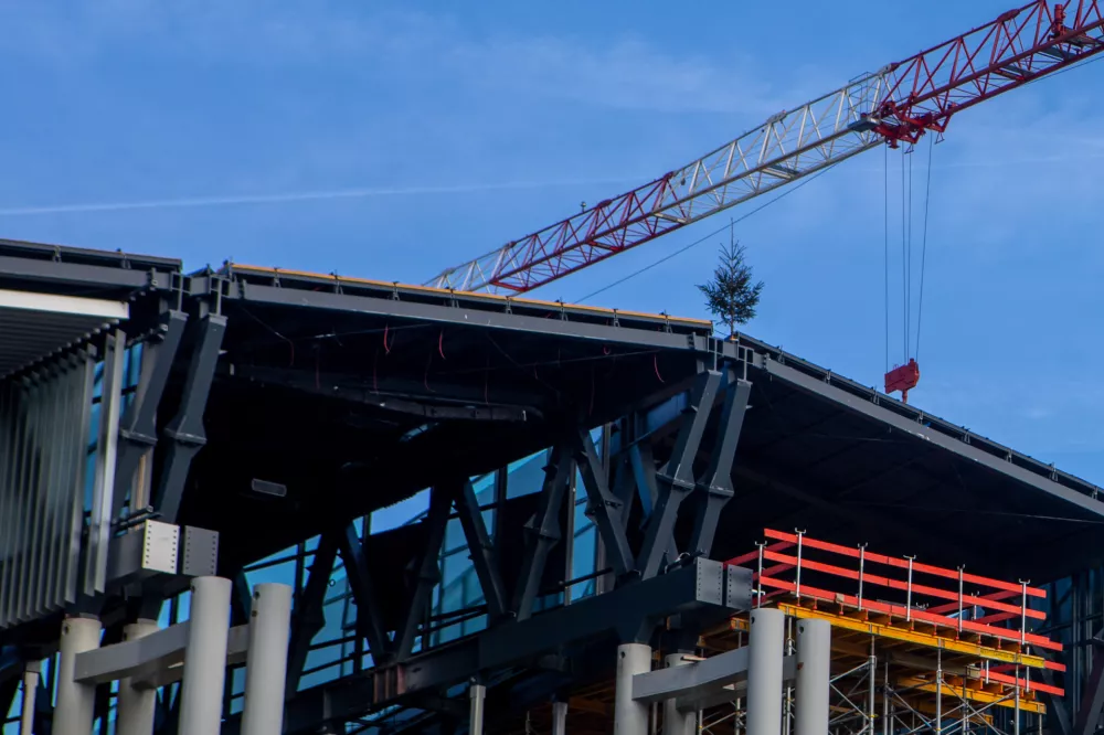 14.01.2026 - Železni&scaron;ka postaja Ljubljana - gradbi&scaron;če - Smreka - smrekica na strehiFoto: Luka Cjuha
