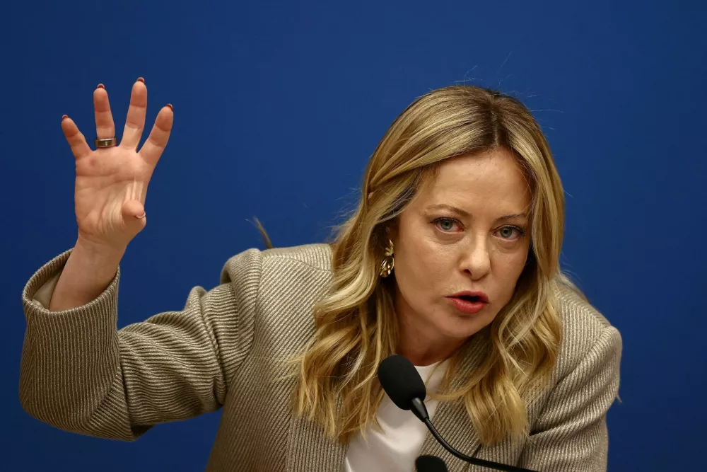 FILE PHOTO: Italy's Prime Minister Giorgia Meloni attends her end-of-year press conference in Rome, Italy, January 9, 2026. REUTERS/Vincenzo Livieri/File Photo
