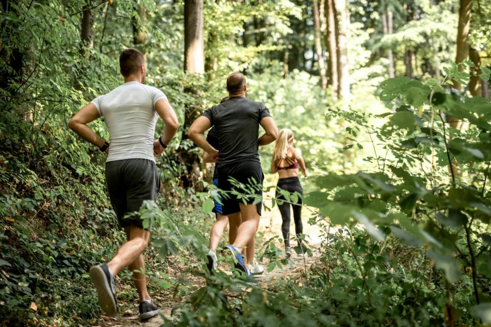 Group of people running in a forest on a sunny day. / Foto: Pavle Bugarski