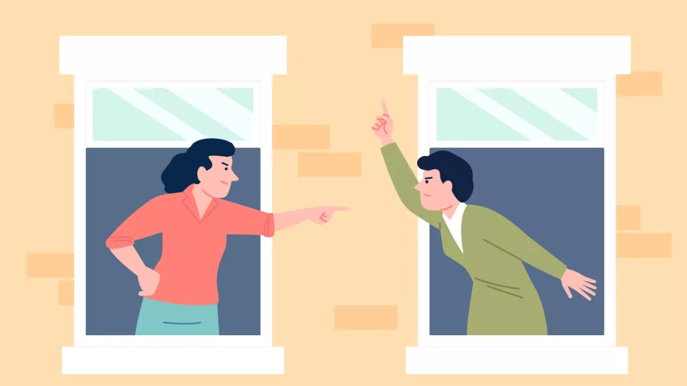 Neighbors fight. Female quarrel, angry neighborhood vibe. Furious women look out of windows and shout at each other, argues, recent vector urban scene original artwork / Foto: Ladadikart