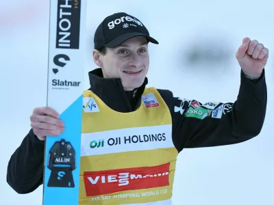 Ski Jumping - Ski Jumping World Cup - Sapporo, Japan - January 18, 2026 Slovenia's Domen Prevc reacts after the men's individual HS137 second round REUTERS/Issei Kato