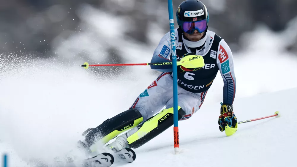 Norway's Atle Lie McGrath competes in an alpine ski, men's World Cup slalom, in Wengen, Switzerland, Sunday, Jan. 18, 2026. (AP Photo/Gabriele Facciott)